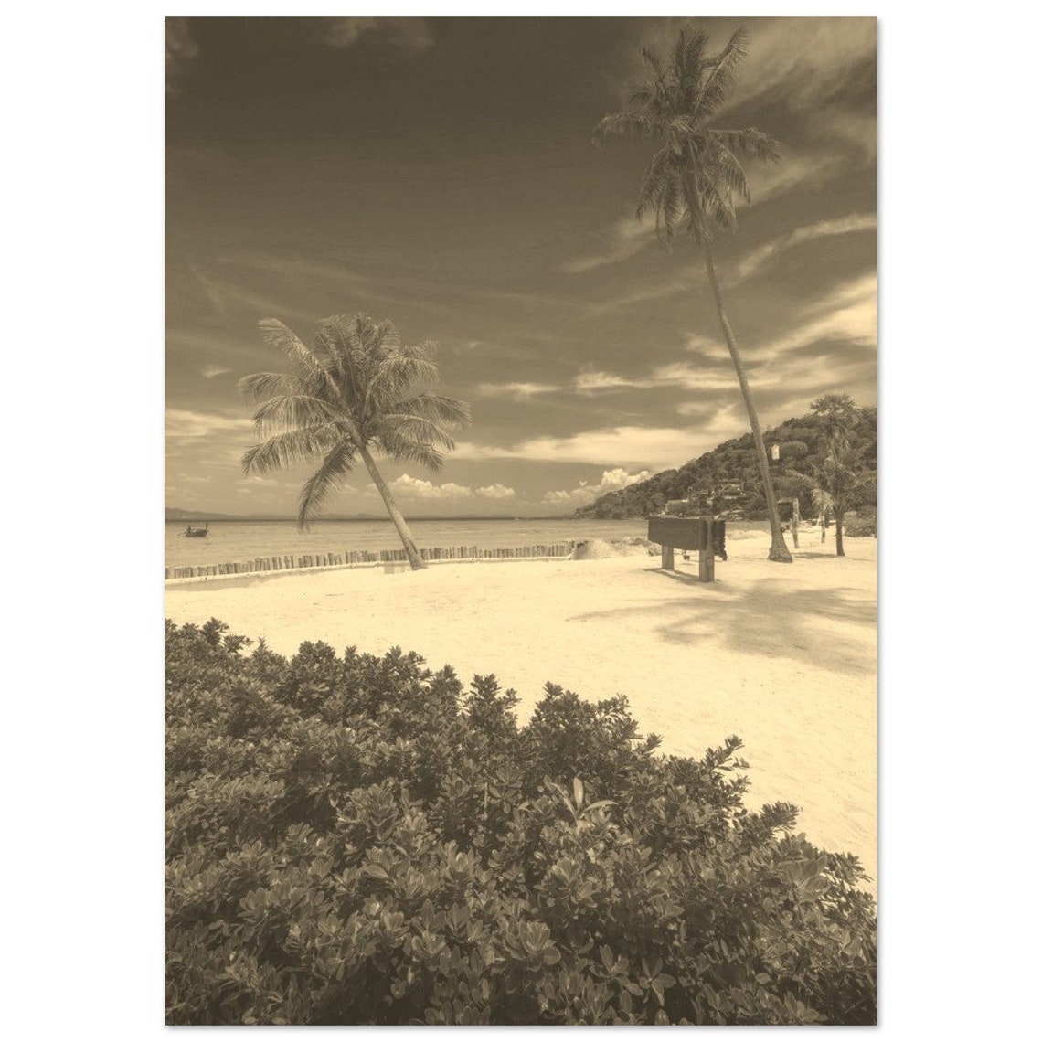 Phi Islands Tropical Beach Palm Trees Vintage Sepia Travel Poster