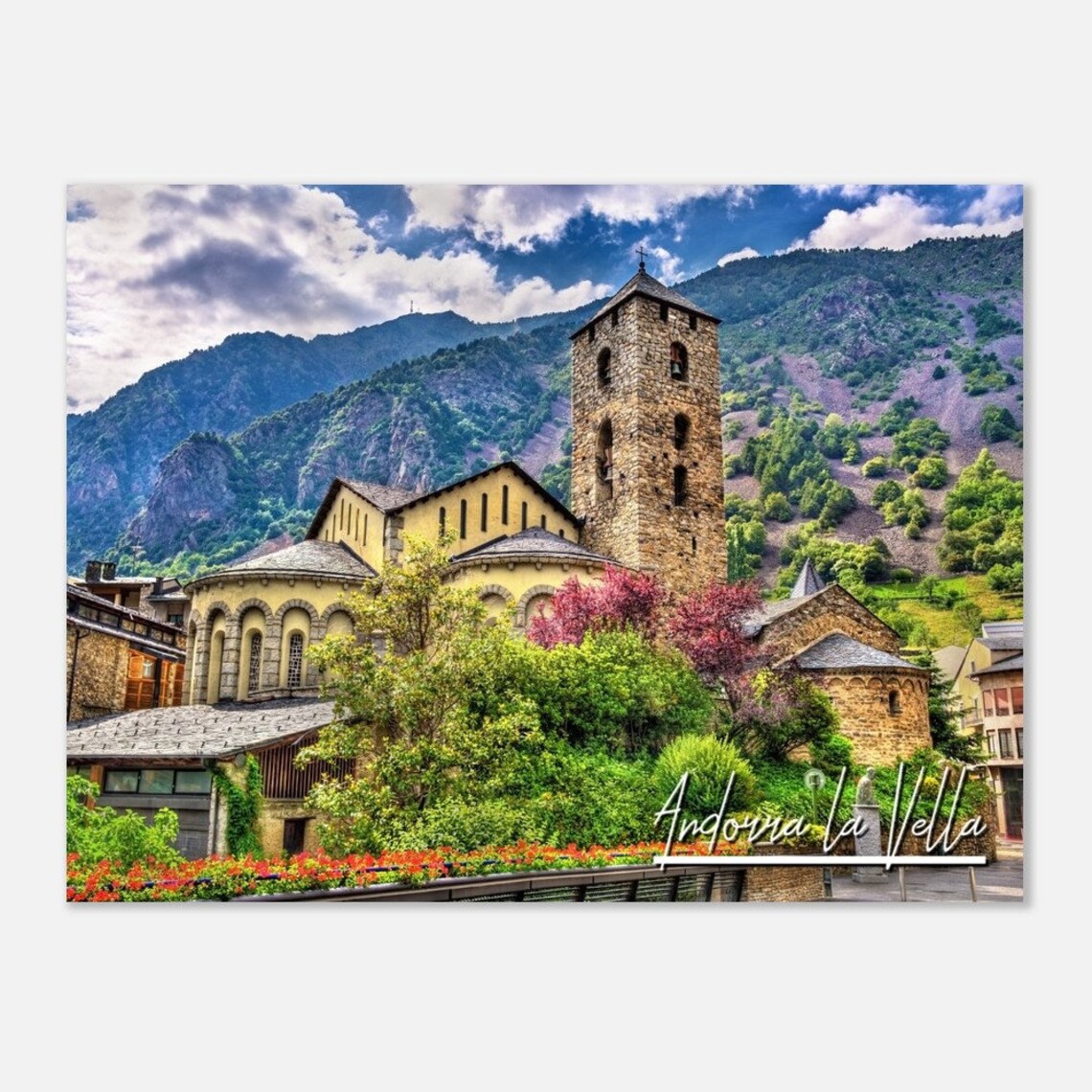 Andorra la Vella Sant Esteve Church Pyrenees Mountain Travel Poster