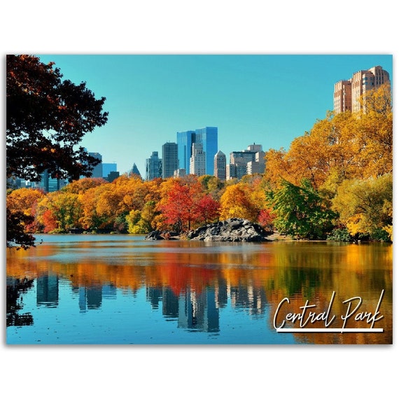 Central Park Autumn Foliage Lake Reflection Manhattan Skyline Poster