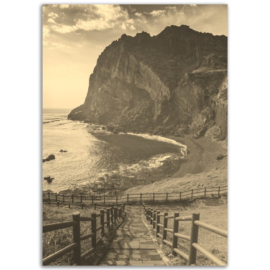 Jeju Island South Korea Volcanic Crater Coast Vintage Sepia Poster