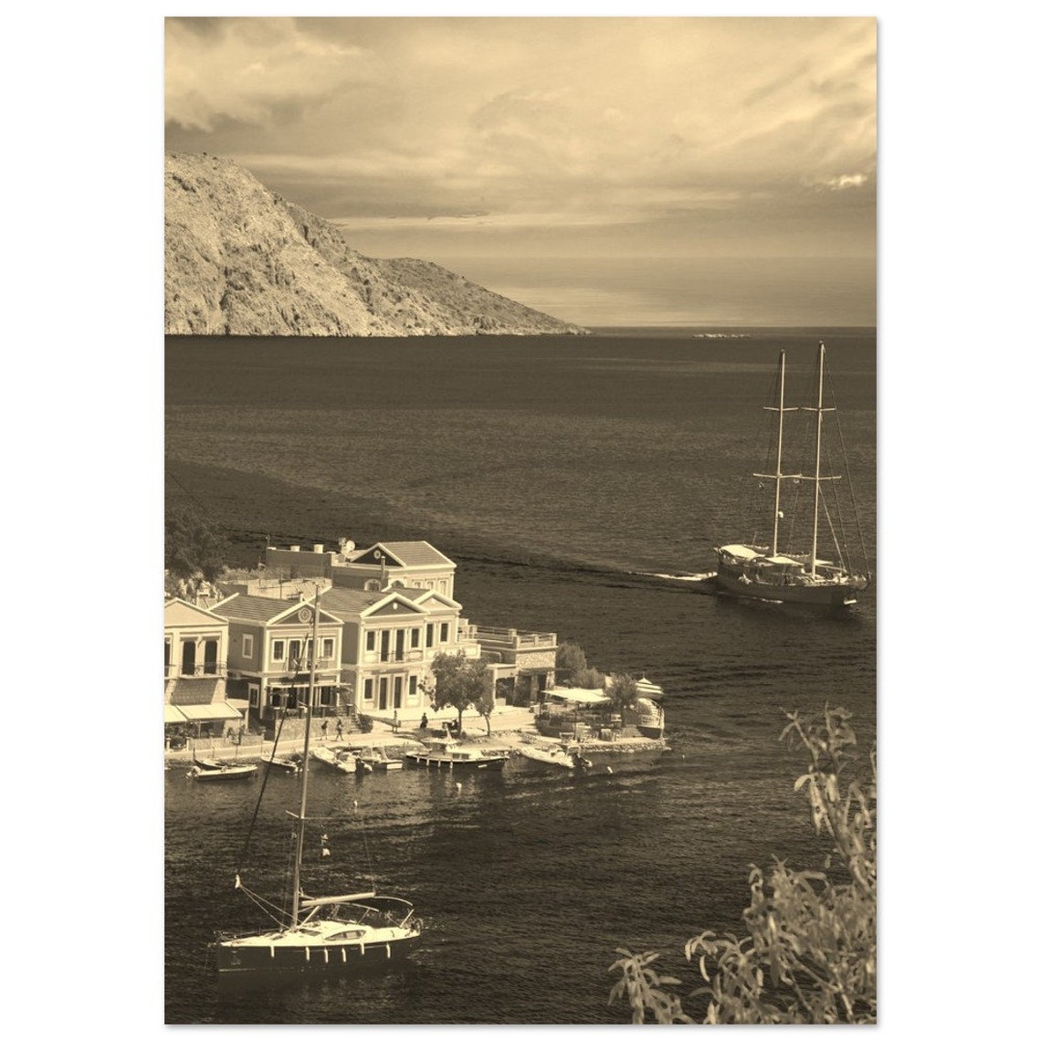 Symi Greece Harbor Sepia Vintage Travel Coastline Photo Poster