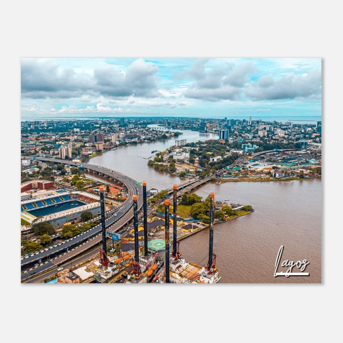 Lagos Nigeria Aerial Cityscape Lagoon Bridge Skyline Travel Poster