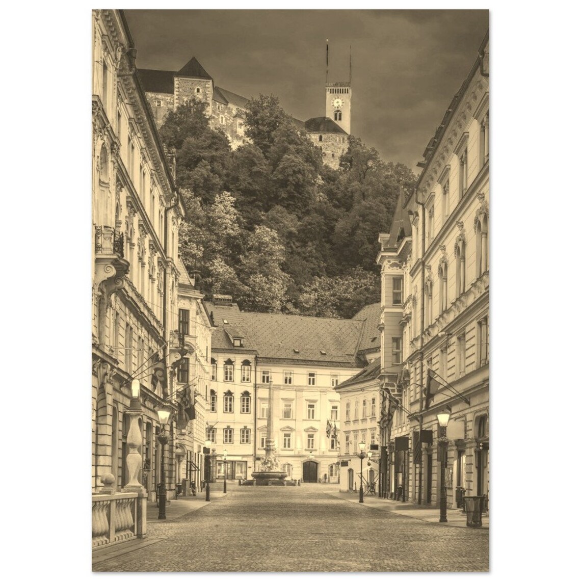 Ljubljana Slovenia Old Town Street Castle Sepia Travel Poster