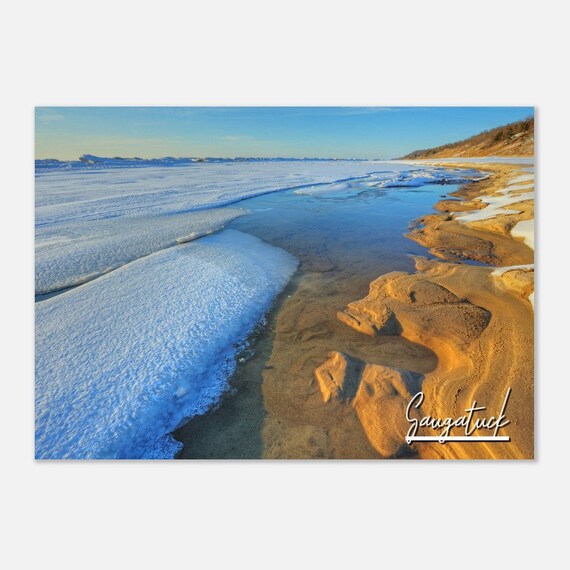 Saugatuck Michigan Winter Frozen Lake Shore Sunset Travel Photo Poster