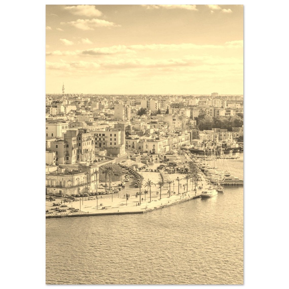 Sepia Coastal Harbor City Marina Vintage Aerial View Photo Print