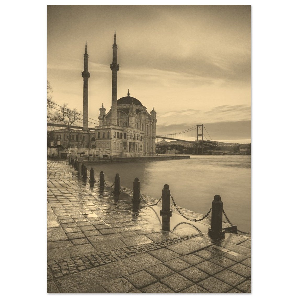 Istanbul Ortakoy Mosque Bosphorus Bridge Sepia Waterfront Poster