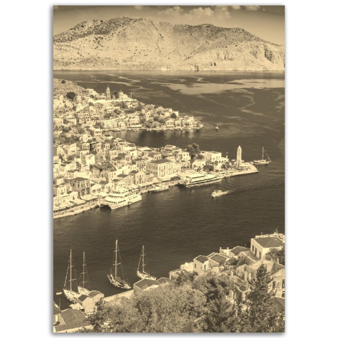 Vintage Sepia Rhodes Greece Harbor Town Sailboats Photo Poster