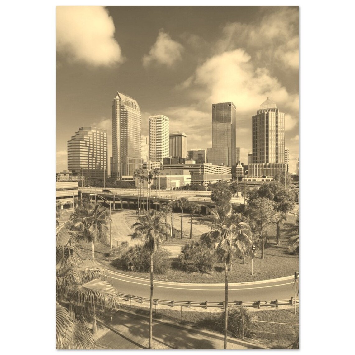 Vintage Tampa Florida Sepia Skyline Travel Poster
