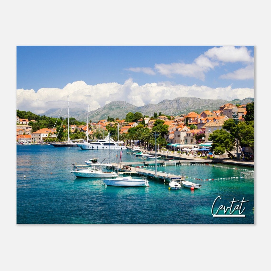 Cavtat Croatia Harbor Poster with Sailboats and Old Town View