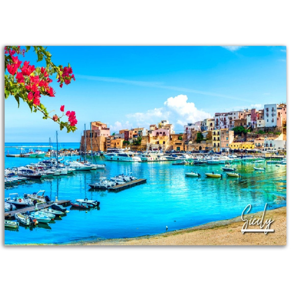 Sicily Italy Colorful Harbor Boats Sunny Coastal Town Travel Poster