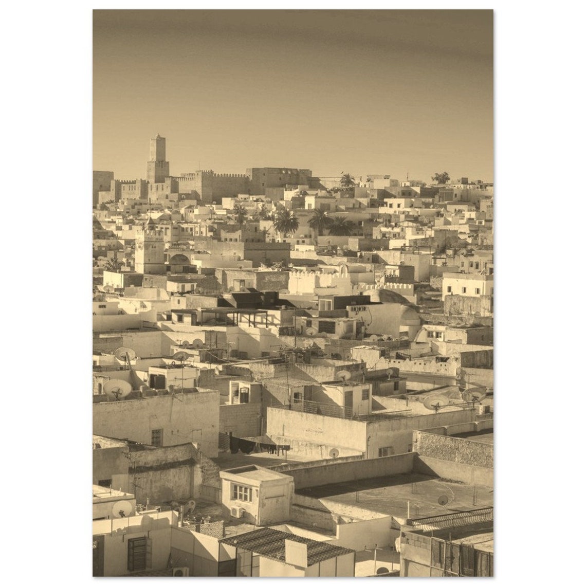 Sousse Tunisia Sepia Old Medina Rooftops Minaret Vintage Travel Print
