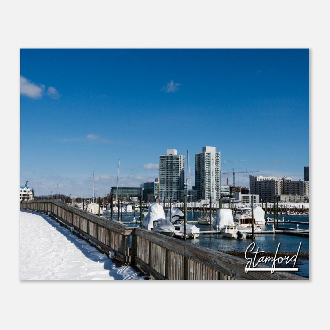 Stamford Connecticut Snowy Marina Harbor Winter Cityscape Poster
