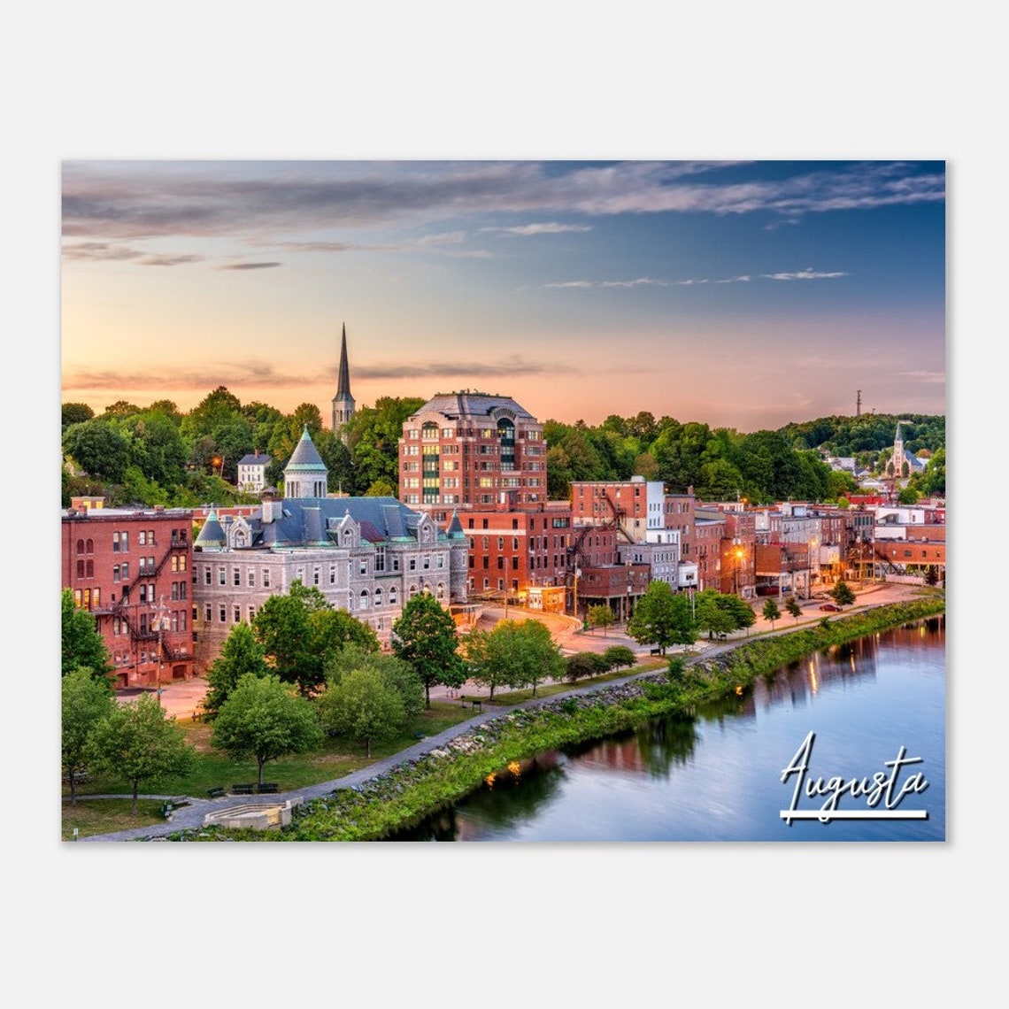Augusta Maine Riverfront Dusk Historic Downtown Travel Photo Poster