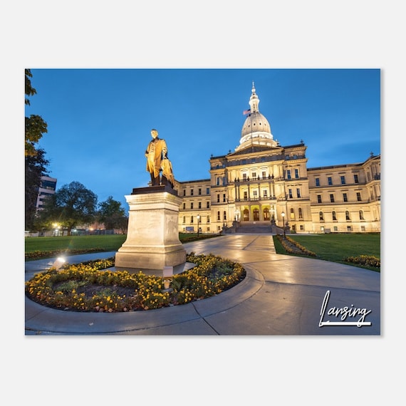 Lansing Michigan State Capitol Building Night Skyline Poster