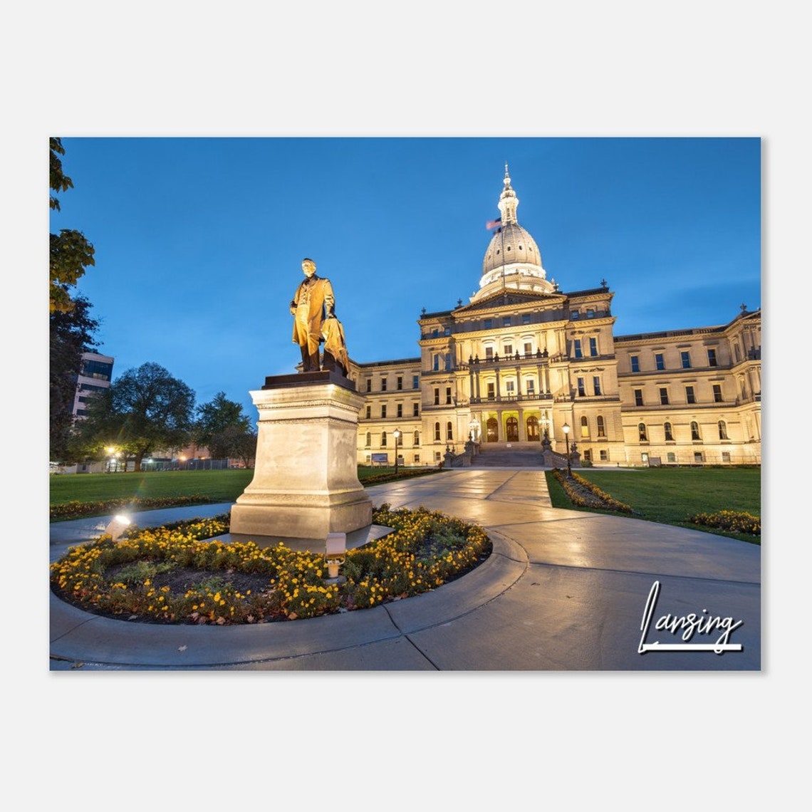 Lansing Michigan State Capitol Building Night Skyline Poster