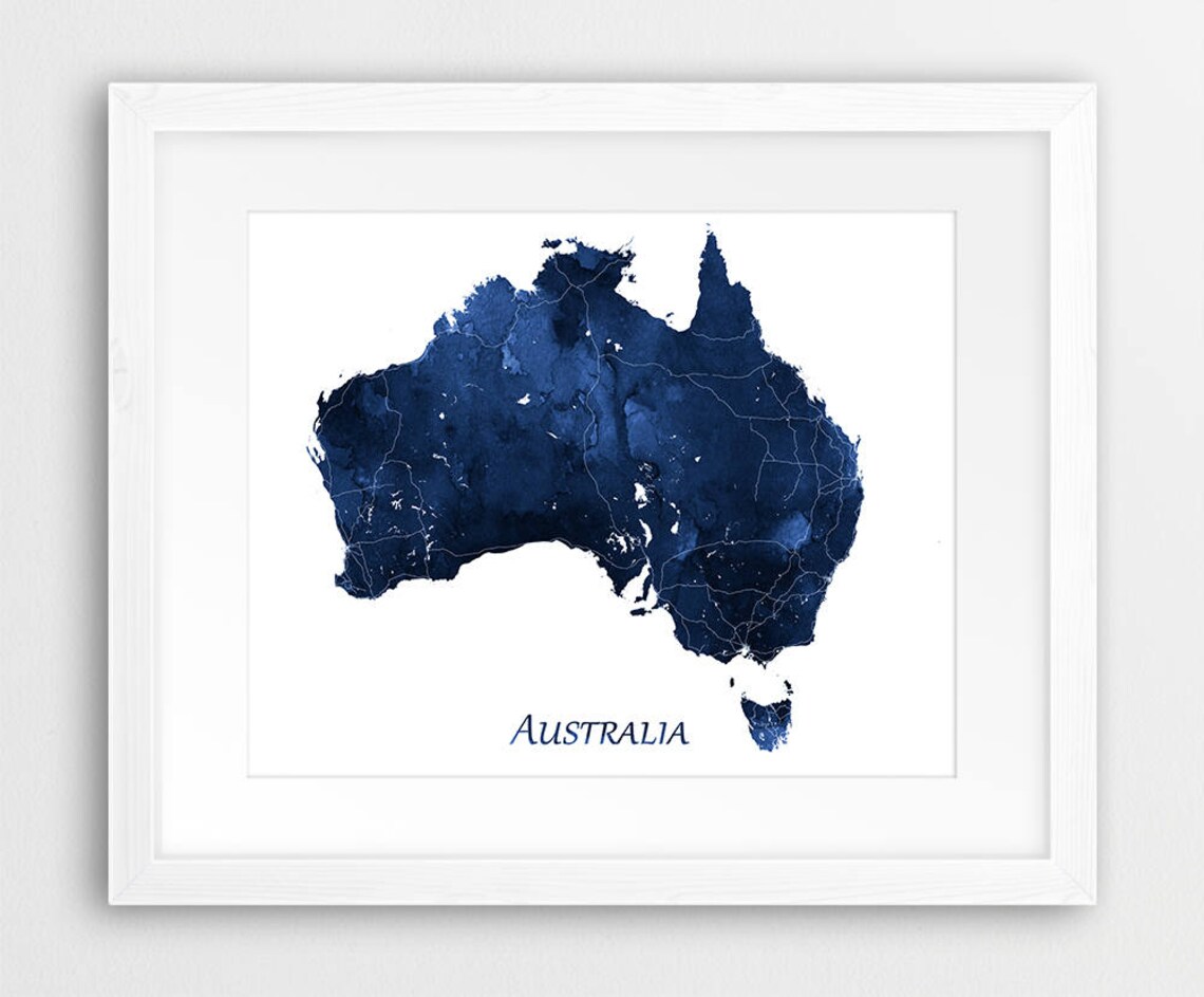Australia Map Watercolor Navy Blue Travel Poster