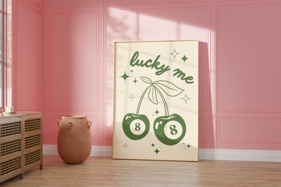 Lucky Me Cherry 8 Ball Retro Green Trendy Aesthetic Art Poster - Image 2