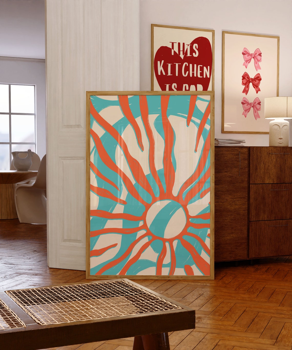 Coral Sun Over Teal Waves Bold Abstract Modern Nursery Poster - Image 4