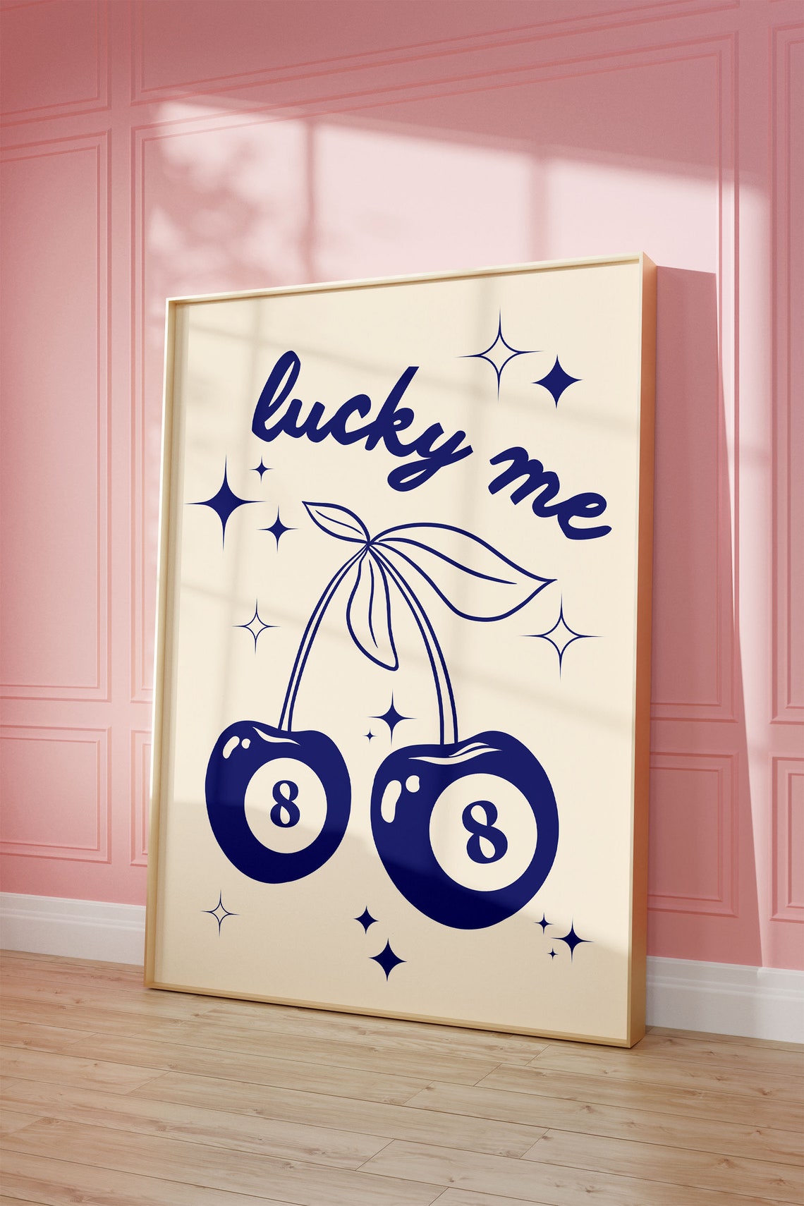 Lucky Me Navy Cherry Eight Ball Retro Trendy Decorative Quote Poster - Image 3