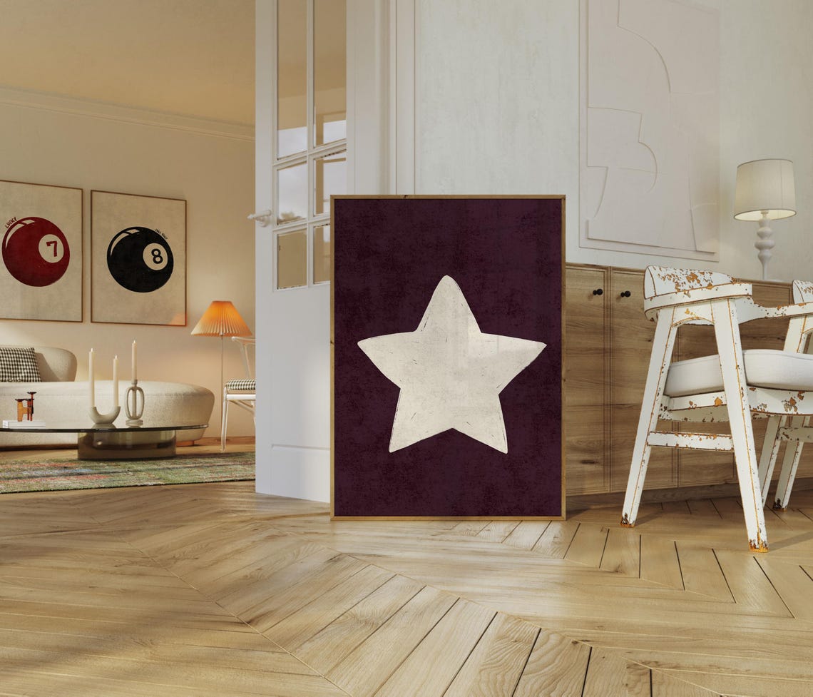 Hand Drawn White Star on Dark Plum Minimal Retro Style Poster - Image 2