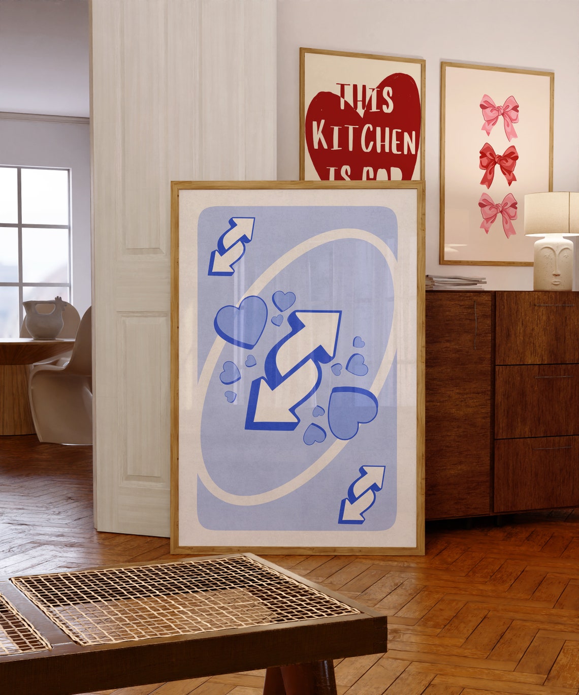 Retro Blue Reverse Playing Card Poster with Hearts and Love Arrows