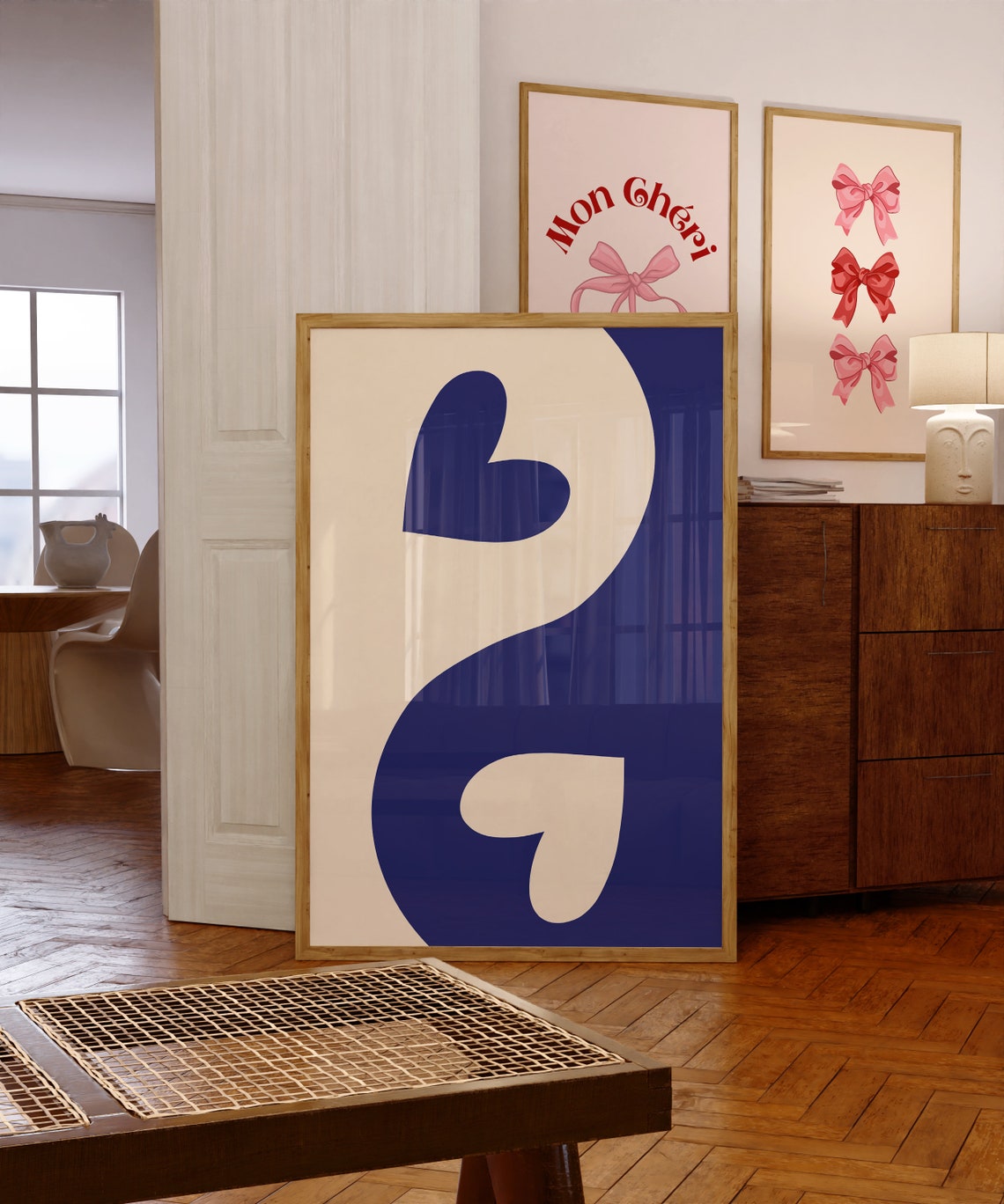Navy Blue and Cream Heart Yin Yang Abstract Minimalist Art Poster - Image 4
