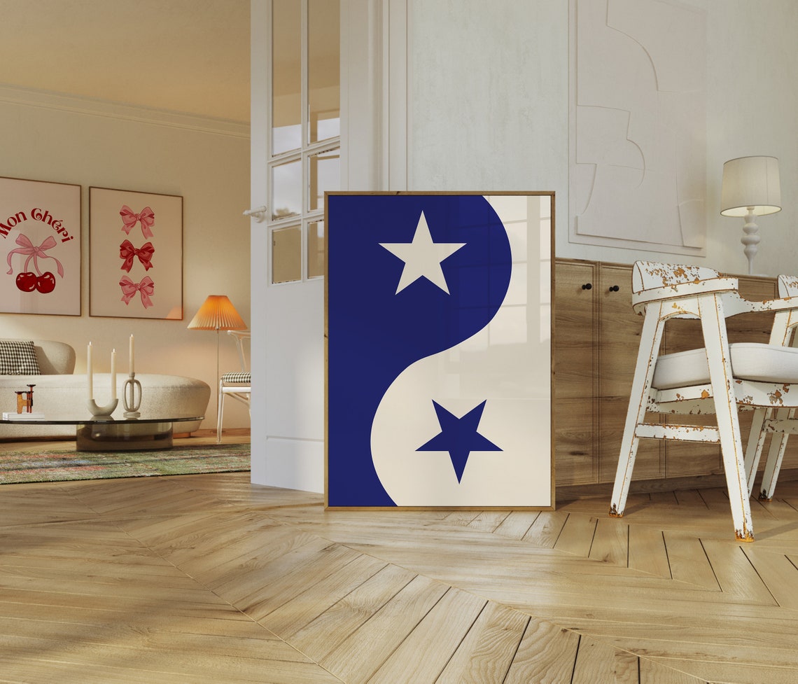 Navy Blue Yin Yang Star Minimalist Retro Geometric Art Poster - Image 2