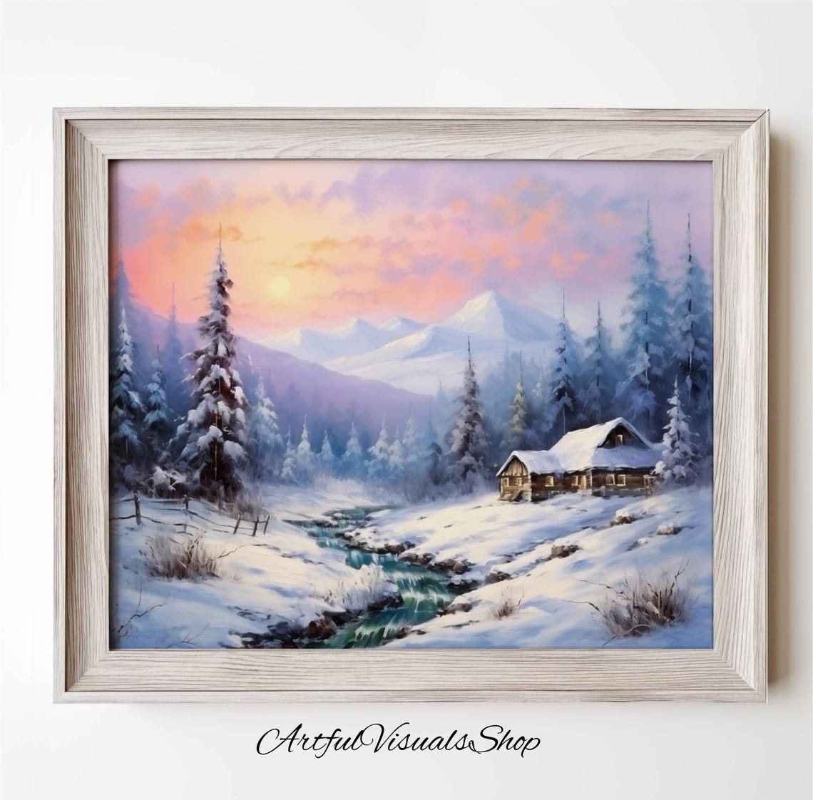 Snowy Mountain Cabin Sunset Winter Landscape Oil Style Poster
