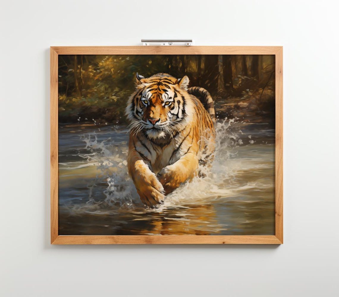 Tiger Charging Through River Water Wildlife Art Painting Poster
