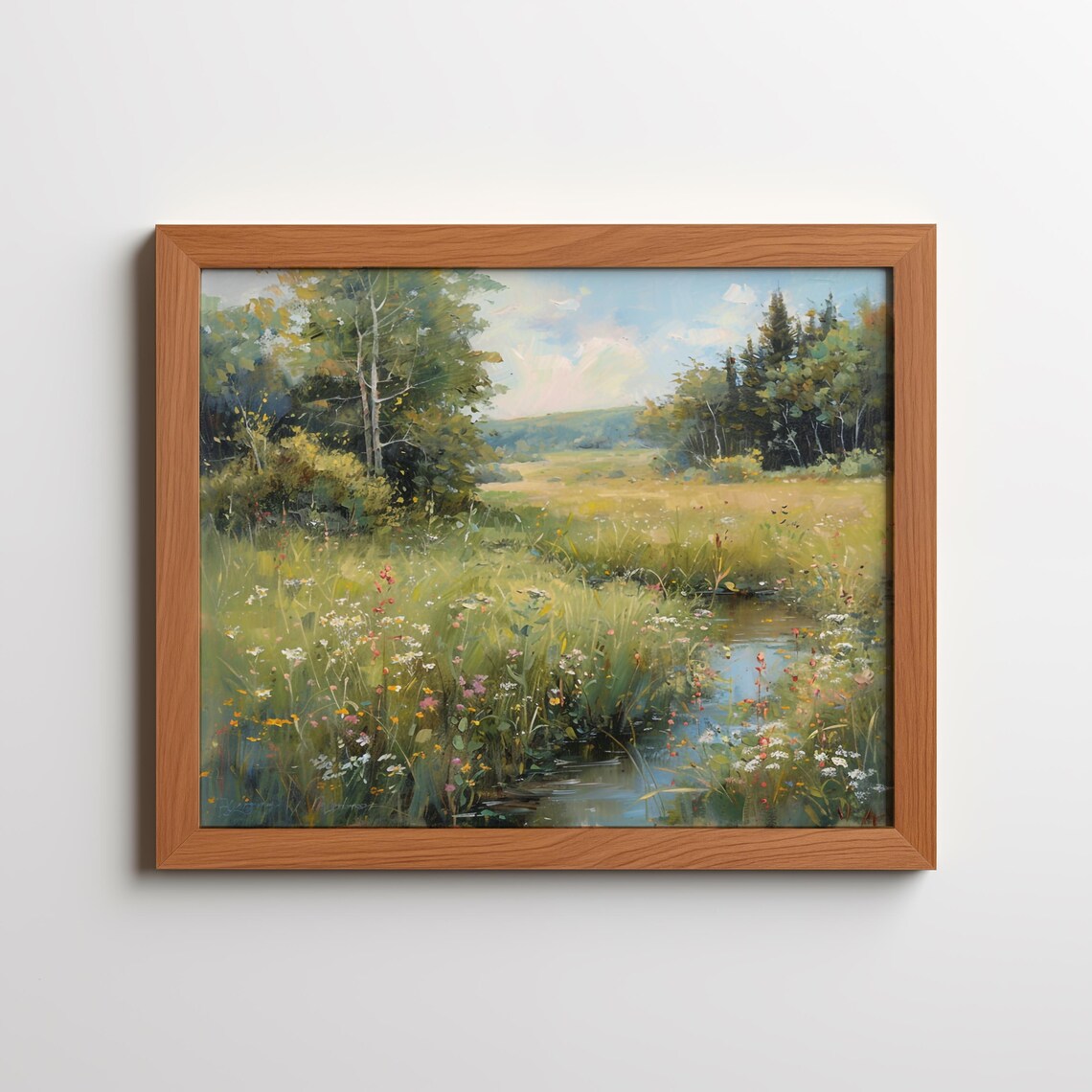Wildflower Meadow Stream Oil Painting Poster Summer Nature Scene