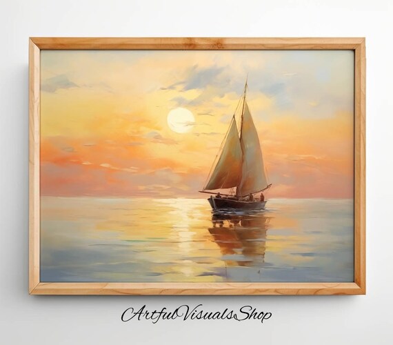 Sailboat at Sunset Ocean Oil Painting Poster Golden Seascape Art