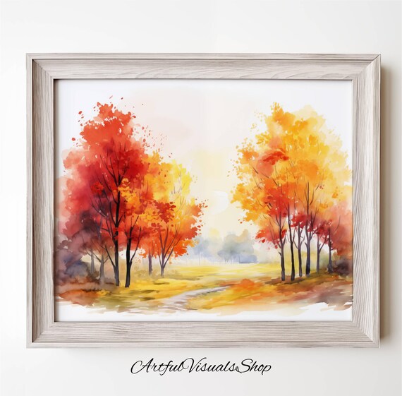 Autumn Forest Path Red And Gold Trees Watercolor Scene Poster