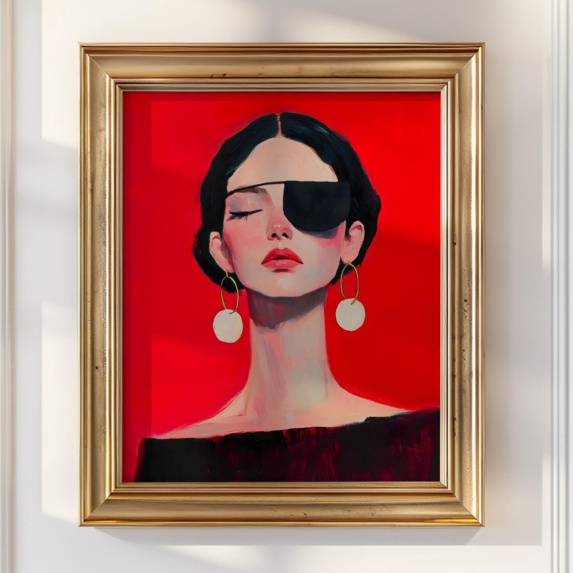 Bold Red Portrait of a Woman Wearing a Black Eye Patch Poster - Image 4