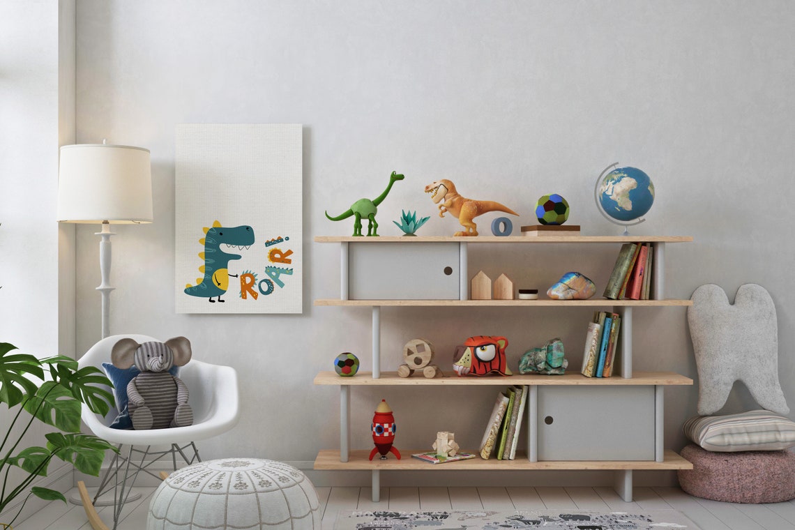 Cute Teal Dinosaur Roar Kids Nursery Playroom Colorful Poster - Image 3