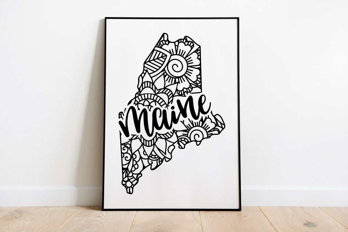 Maine State Mandala Floral Zentangle Outline Black White Home Wall Art