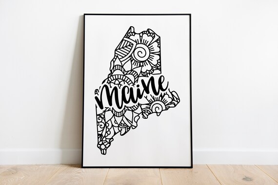Maine State Mandala Floral Zentangle Outline Black White Home Wall Art