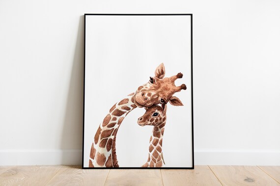 Watercolor Giraffe Mom And Baby Nuzzling Nursery Wall Art Safari Animal Poster