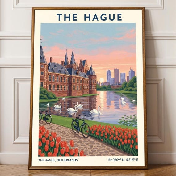 The Hague Canal Art Print Red And Blue Green Pink Orange Illustration Vintage Travel Poster Living Room Decor