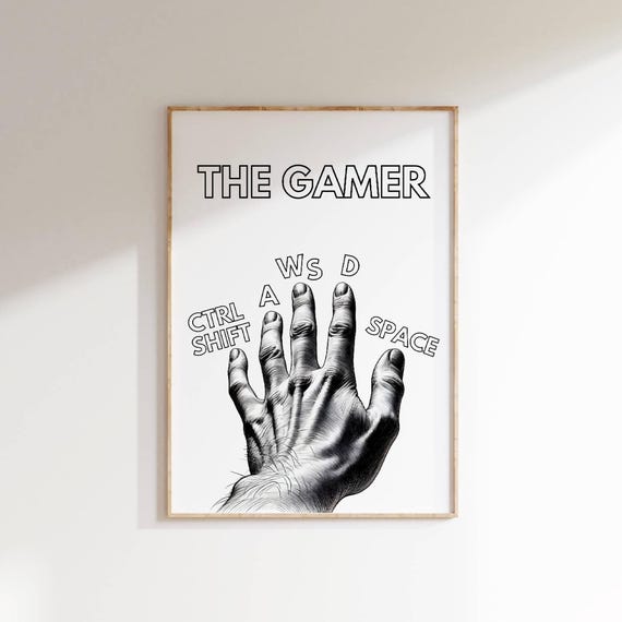 Gamer Hand Illustration Poster Wsad Keys Gaming Art Gaming Room Decor For Gamers Pc Gamer Wall Art Cool Geek Gift For Video Game Lovers