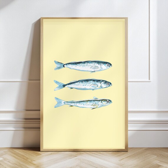 Retro Sardines Watercolor Butter Yellow Coastal Kitchen Poster