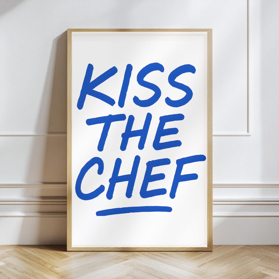 Kiss The Chef Bold Blue Handwritten Typography Kitchen Wall Print