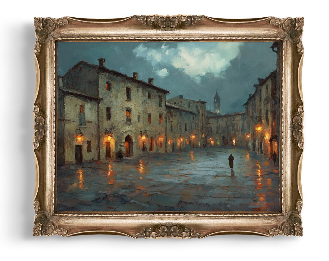 Rainy Tuscany Town Square Evening Lights Italy Street Art Poster
