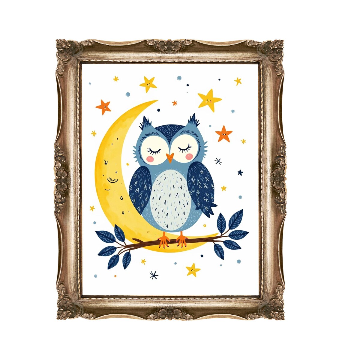 Sleepy Blue Owl on Crescent Moon with Stars Nursery Art Poster