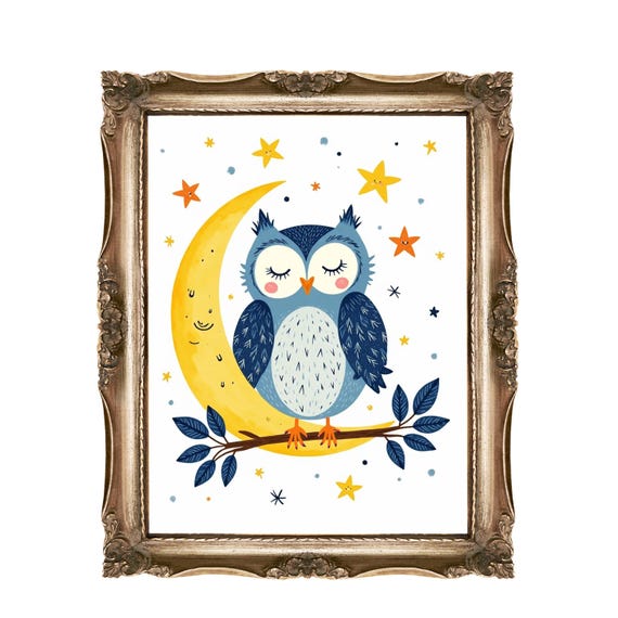 Owl Wall Art For Kids Nursery Decor Cute Moon And Stars Instant Room 5x7 To 24x36 Options