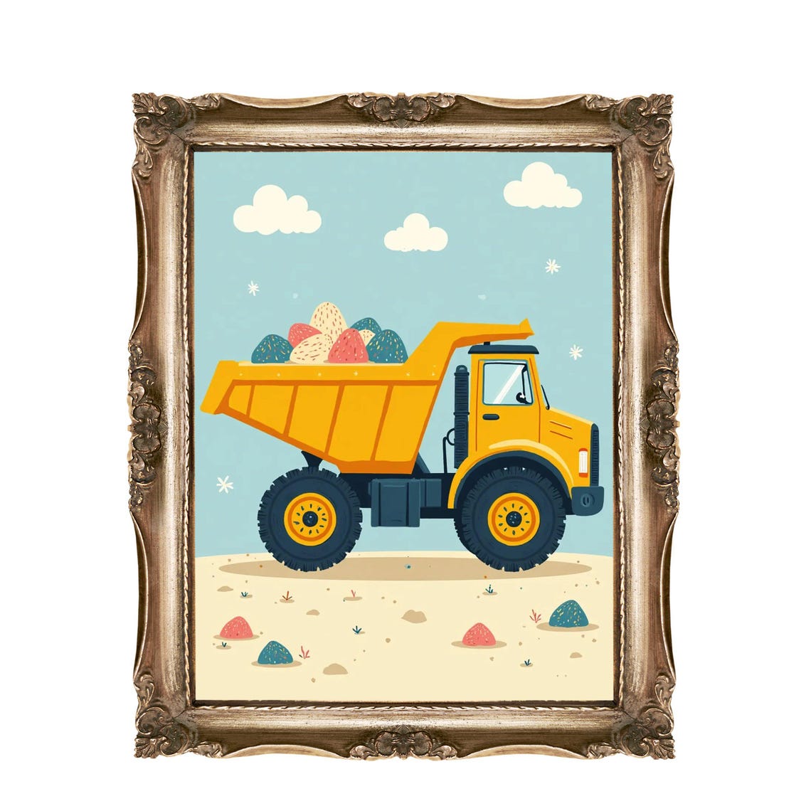 Yellow Dump Truck Unloading Colorful Dirt Kids Room Wall Art