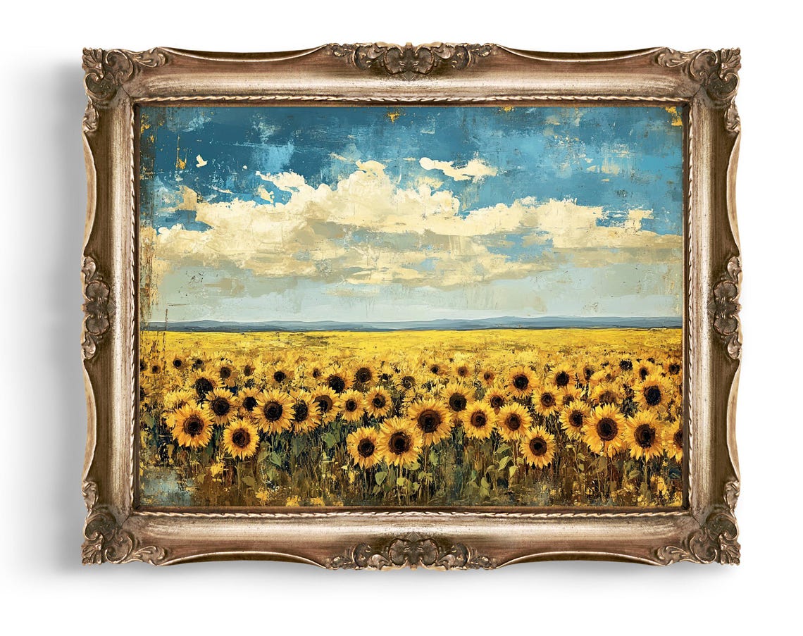 Golden Sunflower Field Rustic Country Landscape Vintage Poster
