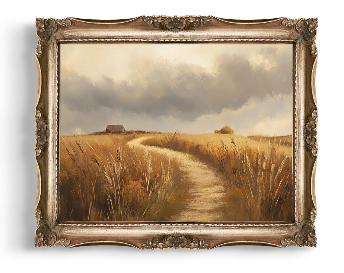 Golden Wheat Field Path Leading to a Barn Under Dramatic Clouds Poster