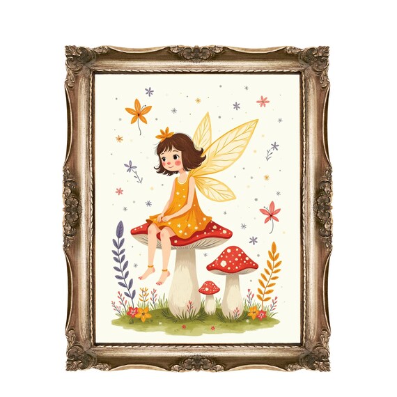 Fairy Girl with Golden Wings on Red Spotted Mushroom Art Poster