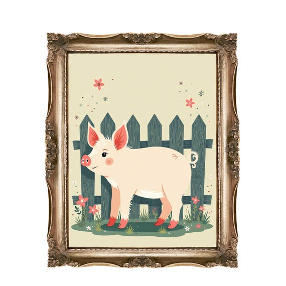 Cute Pig Wall Art Kids Room Decor Nursery Print Farm Animal Illustration Instant