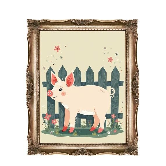 Cute Pink Pig by Blue Wooden Fence Floral Farm Nursery Wall Art